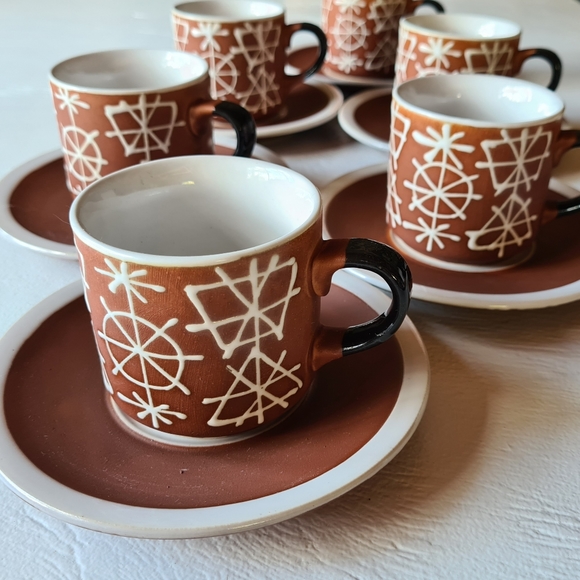 VINTAGE 70s 80s Japanese Brown White Black Cup & Saucer Set of 6 Tea Coffee Cups - Picture 2 of 13